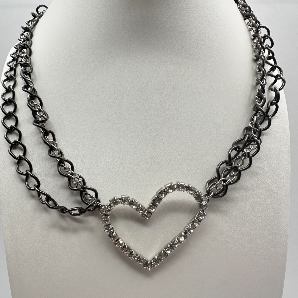 Vintage Y2K Heart Pendant Necklace Gunmetal Multi Stand Chain Clear Rhinestone